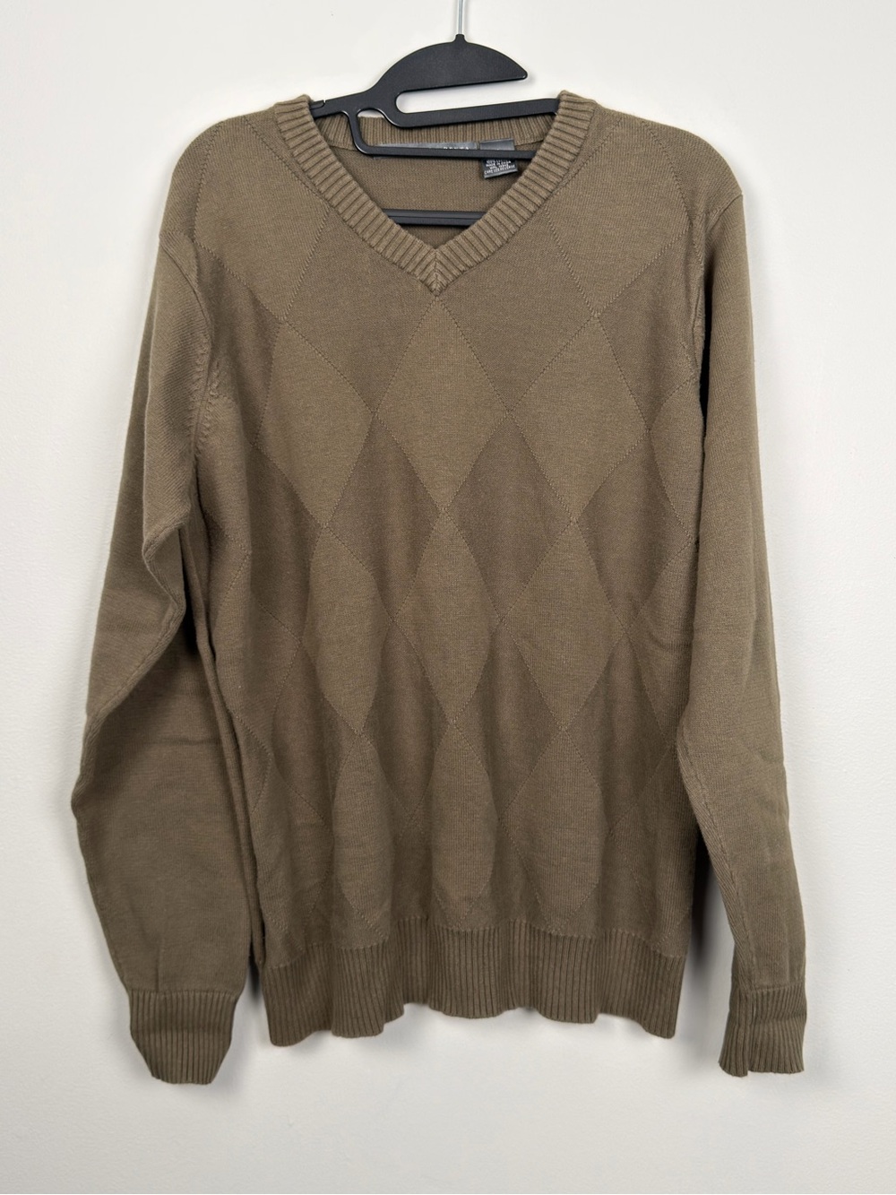 Oscar de la Renta Men’s Medium Brown Argyle V-Neck 100% Cotton Sweater